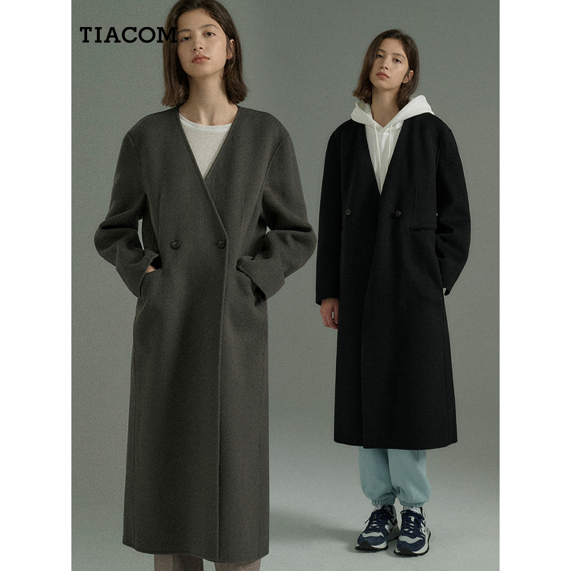 TIACOM复古V领宽松廓形中长款羊毛大衣THL8188
