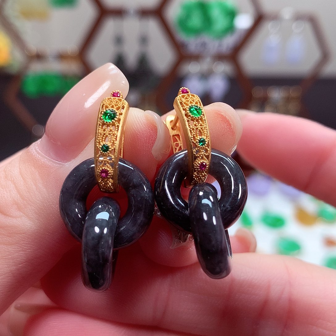 翡翠耳饰银S925镶嵌天然翡翠