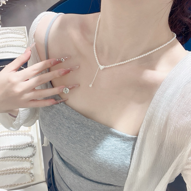 铜合金仿珍珠项链 流苏爱心3mm白色项链简约时尚