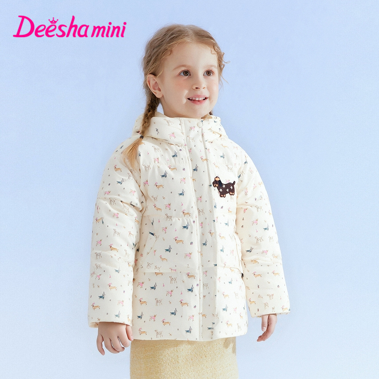 笛莎婴幼女童羽绒服秋冬小童卡通印花甜美保暖连帽外套-3M2556401