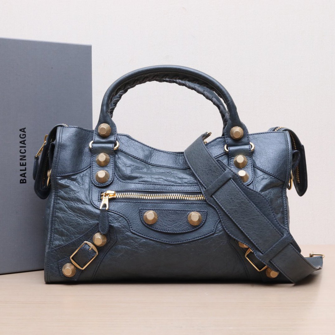 95新 Balenciaga/巴黎世家 小花攀攀机车包 中号 38 蓝色 皮革S