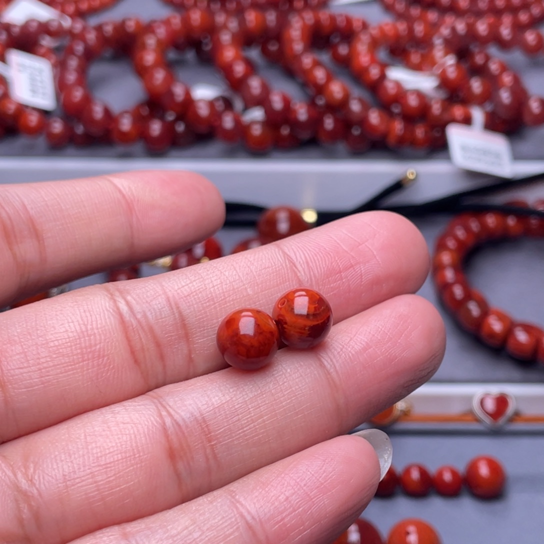 观***秋南红玛瑙未镶嵌配珠9.5mm瓦西牛血火焰纹单珠