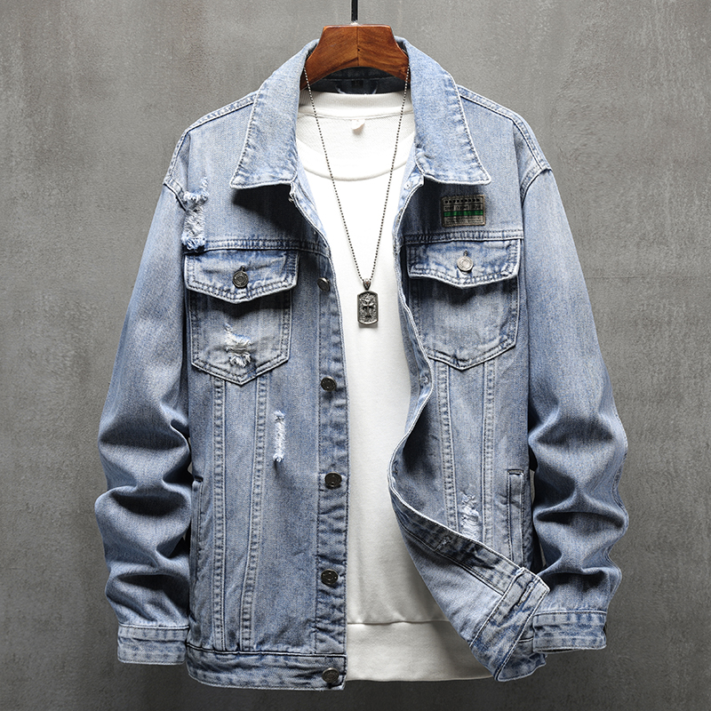 轻奢秋季男牛仔外套浅色水洗牛仔夹克简约风微宽松休闲外套F01#