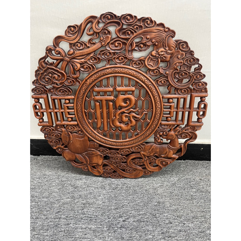 东阳木雕直径58cm福禄寿喜香樟木实木雕刻挂件
