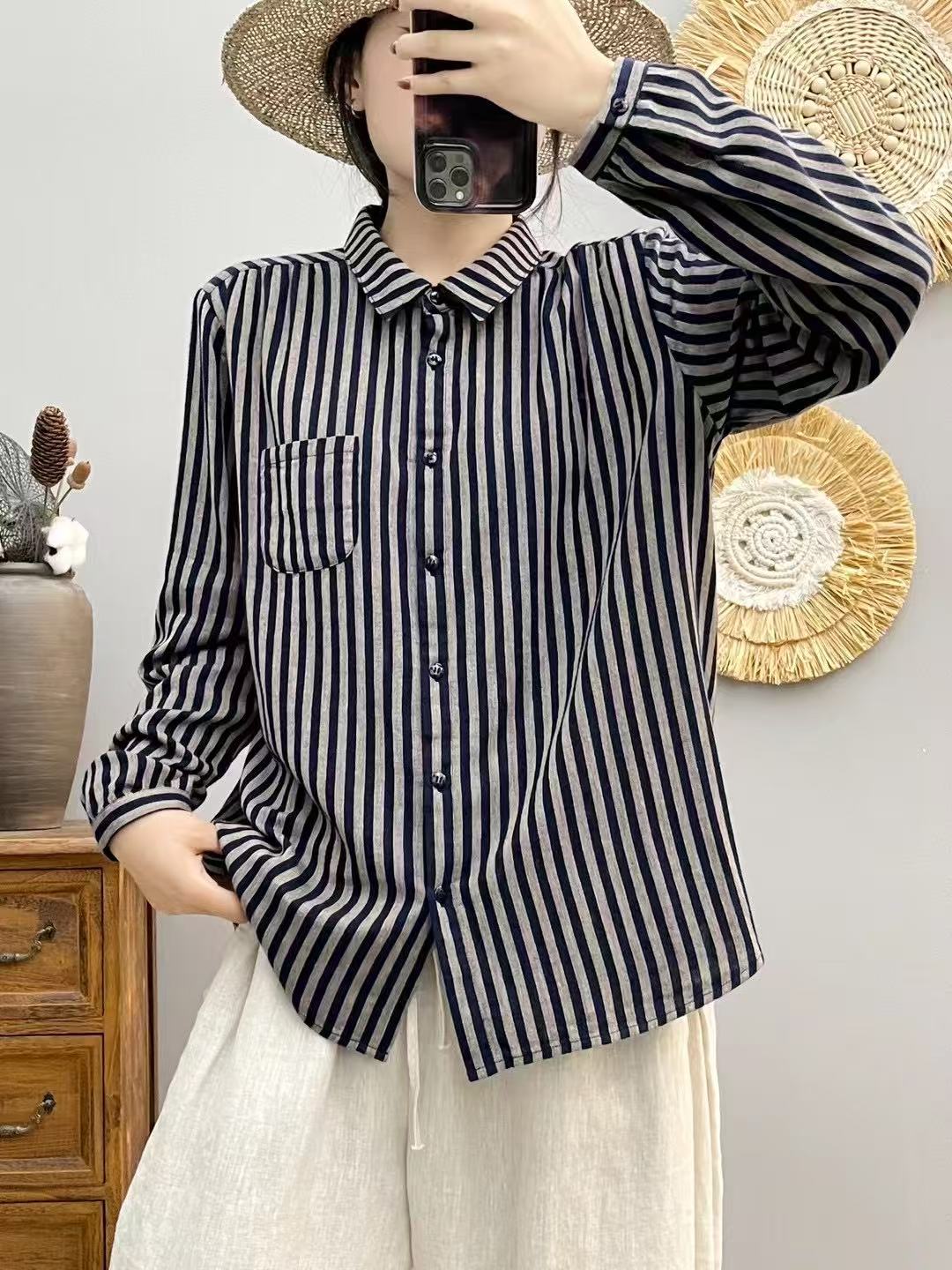 秋季新款纯棉条纹双层棉纱宽竖条女士休闲衬衣显瘦百搭衬衫8514