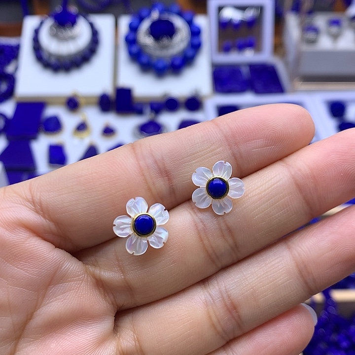 青金石耳钉银S925镀金镶嵌