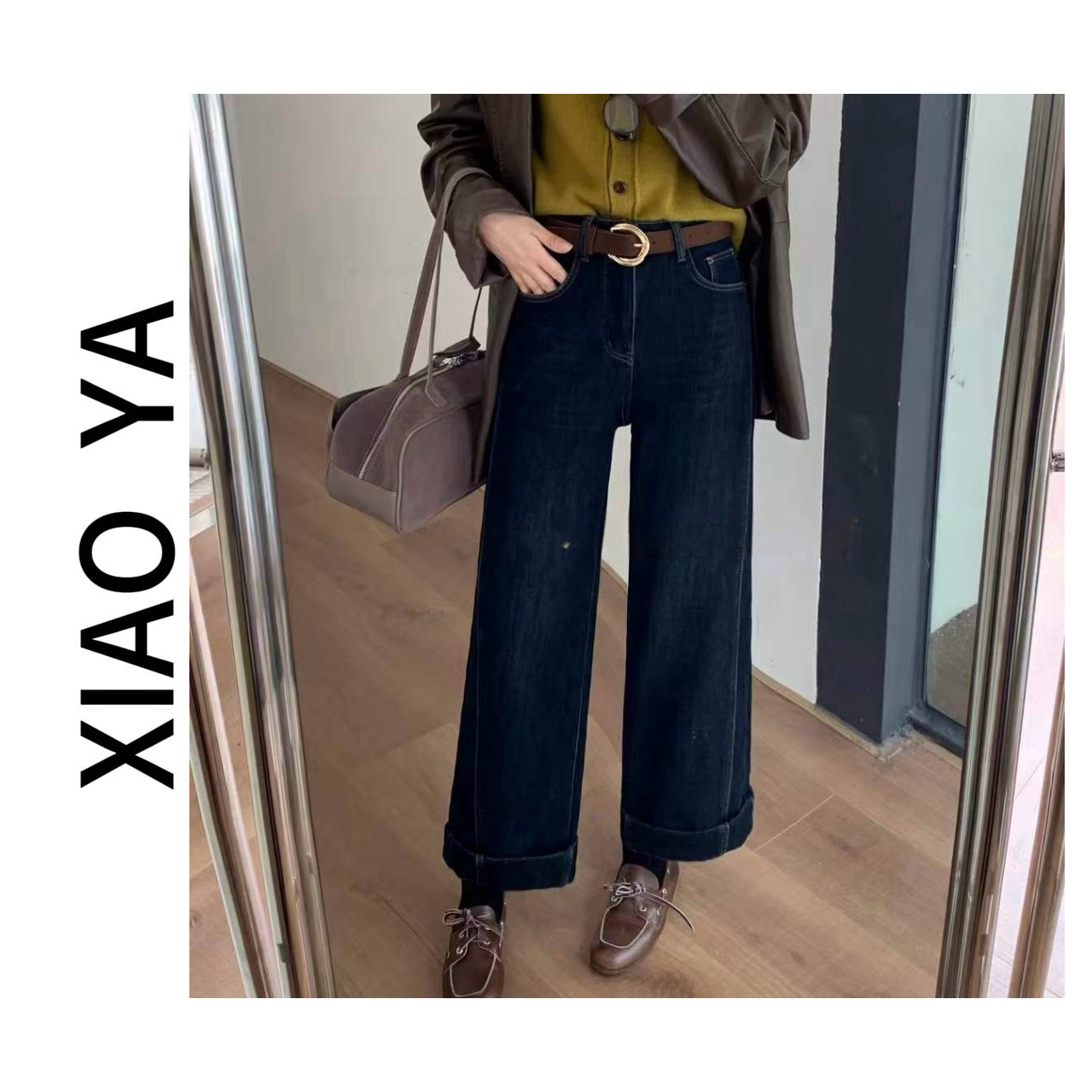 65218-23秋冬新款极简风中高腰卷边复合绒牛仔直筒裤（裤长95）