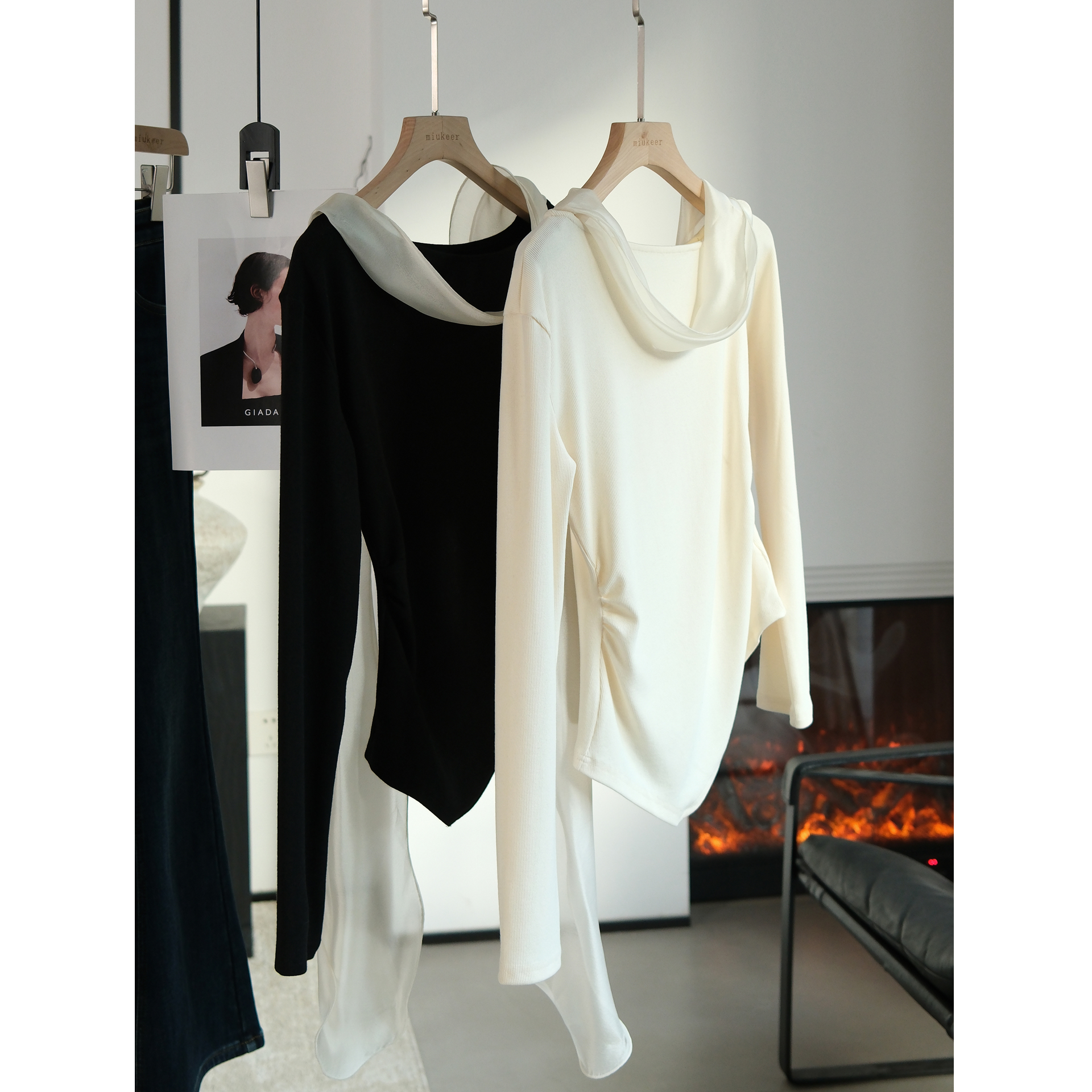 气质上衣女高级感 斜肩不规则带飘带收腰内搭长袖 修身短款针织衫