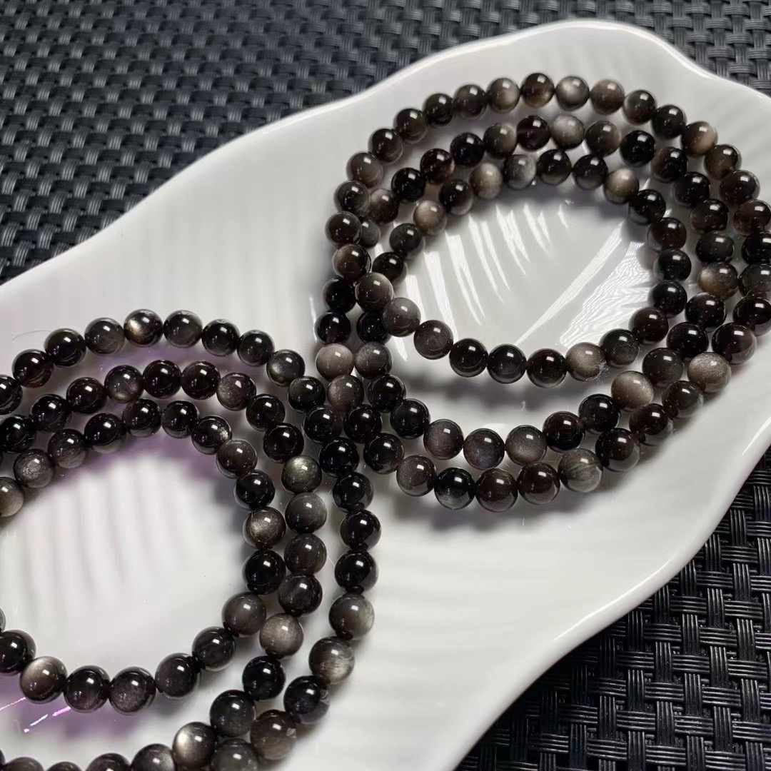 天然金曜石 黑曜石 银曜石多圈6mm+ 保真保天然