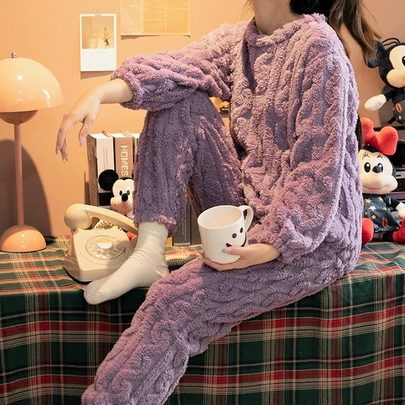【男女同款】提花暖暖套装女秋冬睡衣家居服保暖加厚情侣装