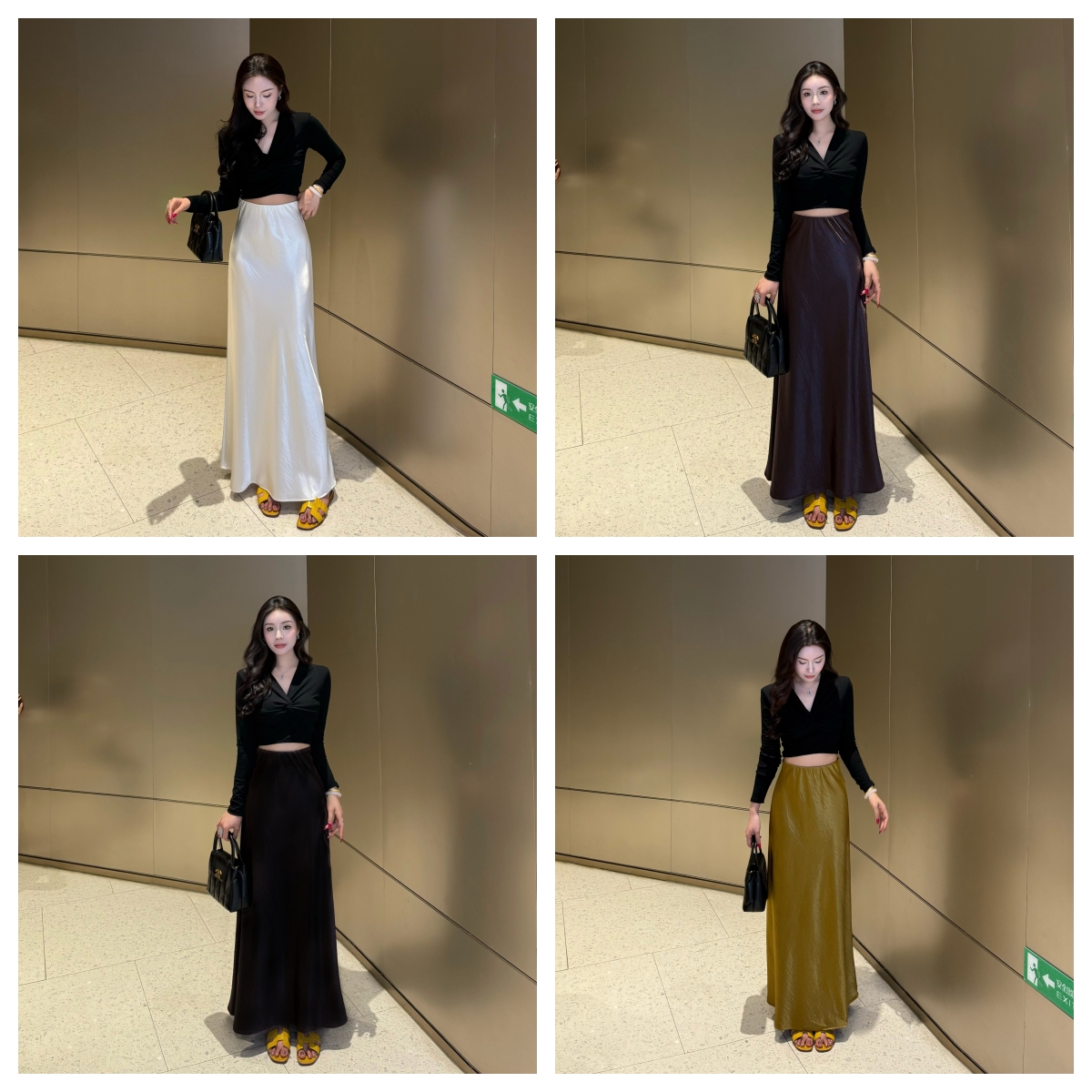 春夏新款气质百搭显瘦高腰A版松紧腰缎面丝滑半身长裙