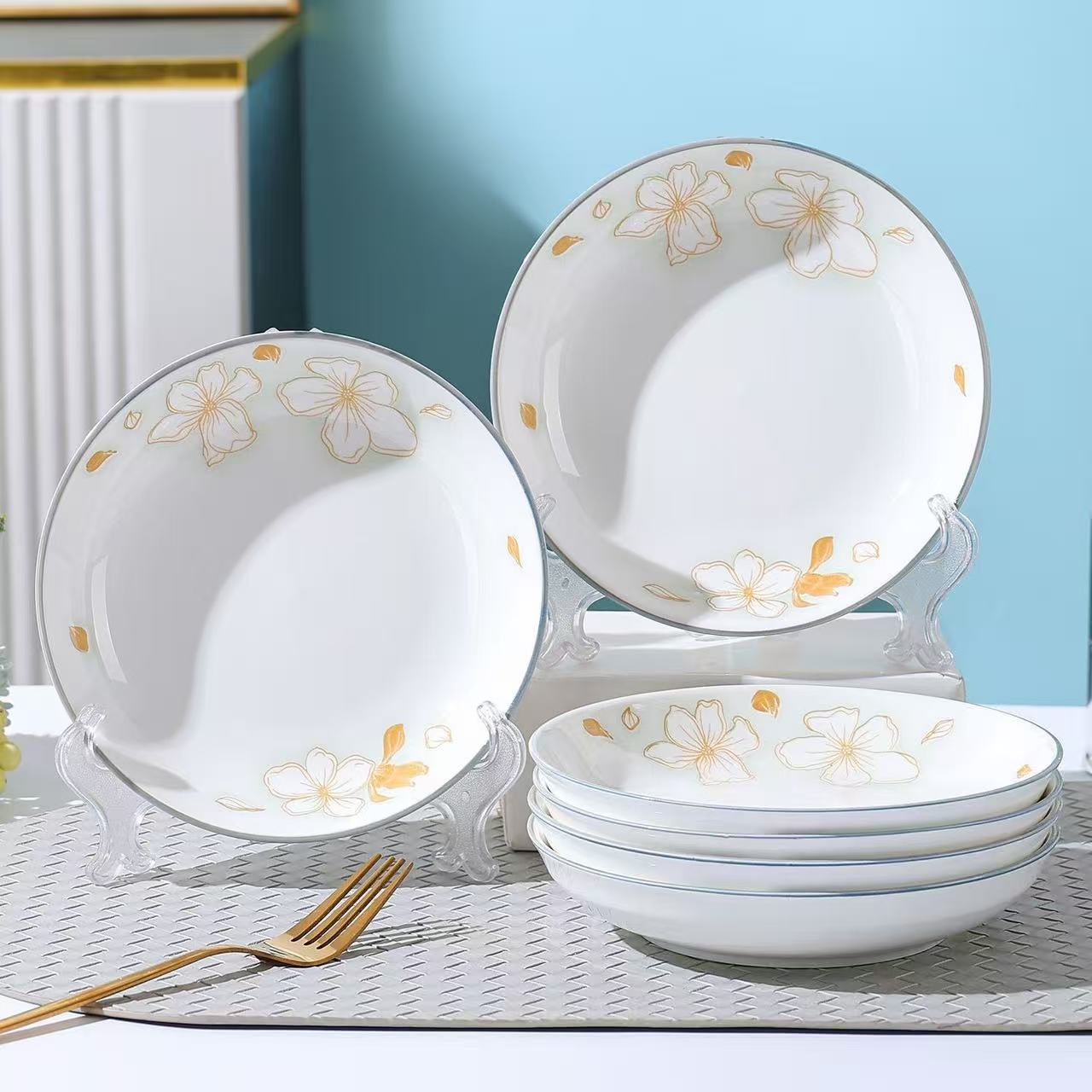 釉下彩7英寸黄金叶家用陶瓷菜盘圆盘8个装微波炉餐盘