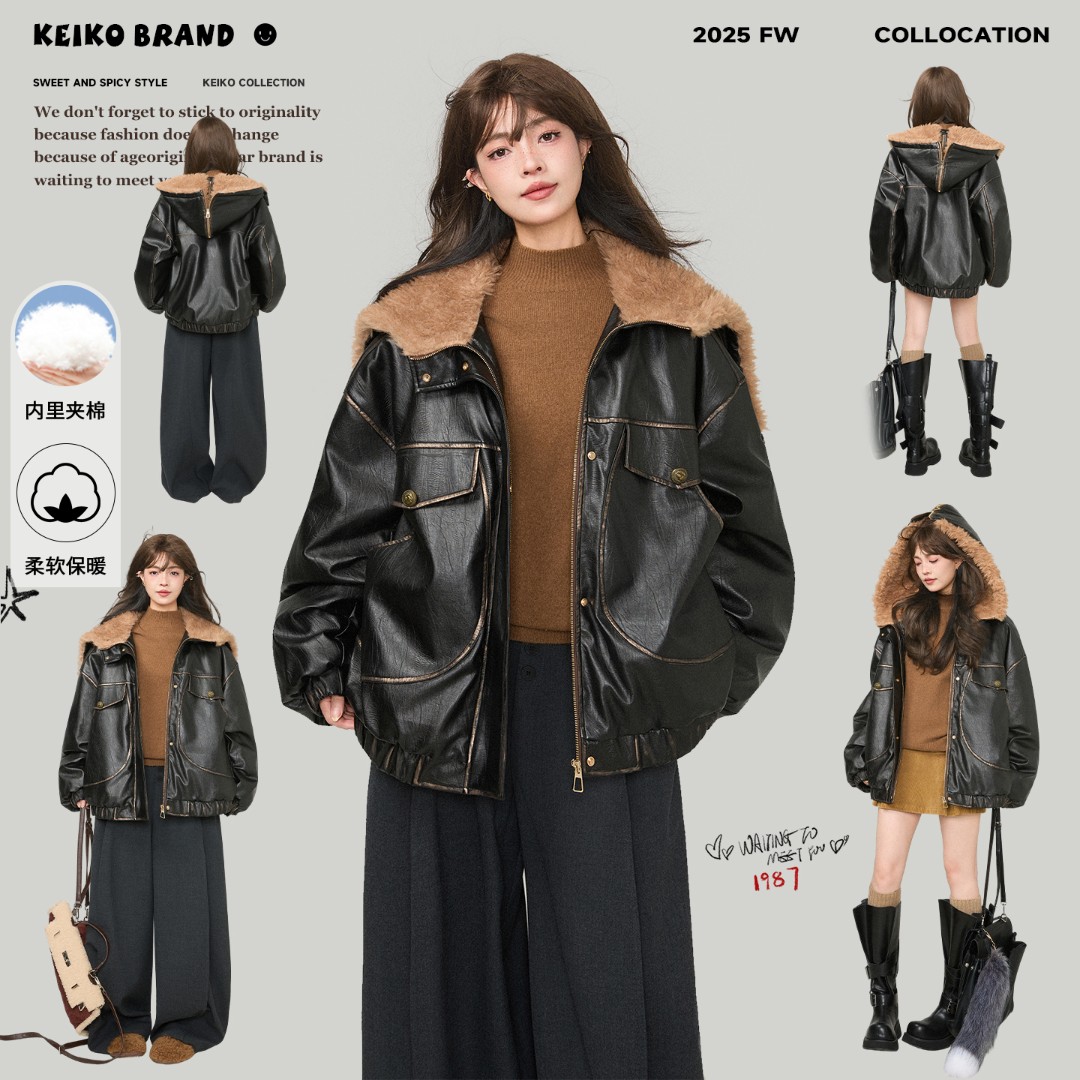 KEIKO 美式复古黑色皮衣棉服女冬季擦色做旧加厚大毛领pu皮外套