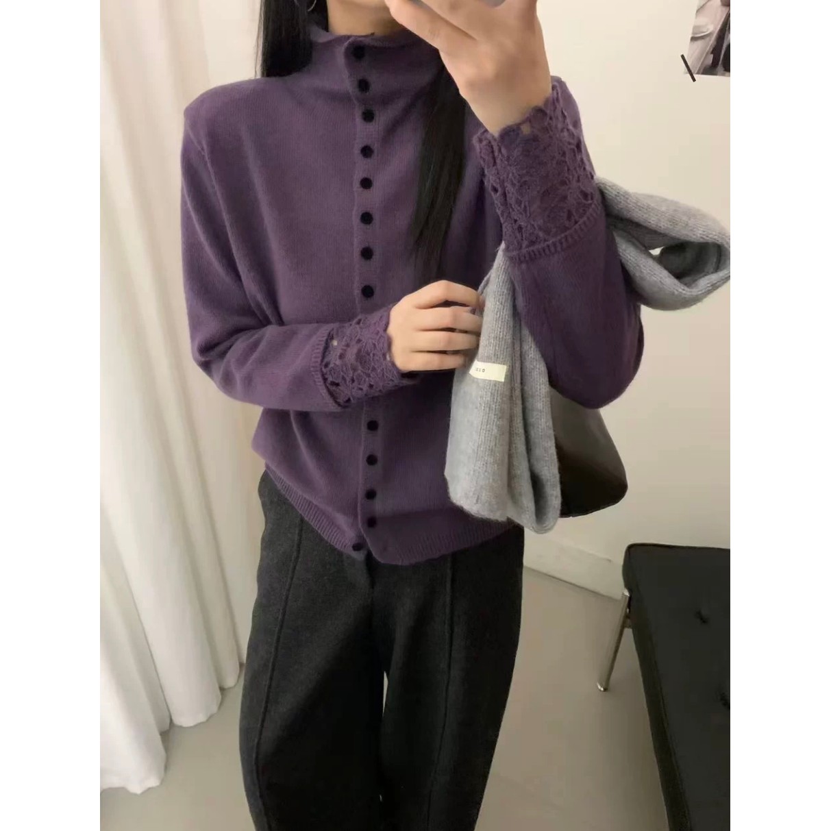 3593【法风镂空袖立领开衫】秋冬新款气质ins风毛衣外套