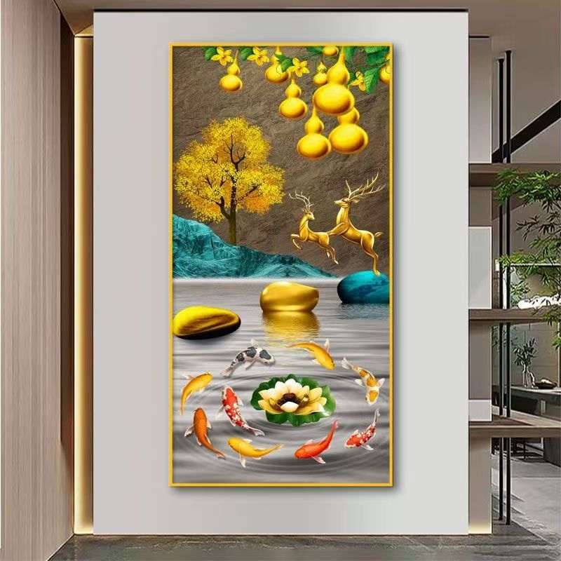 轻奢简约九鱼聚财五福临门麋鹿晶瓷步步登高玄关画装饰挂画装饰画