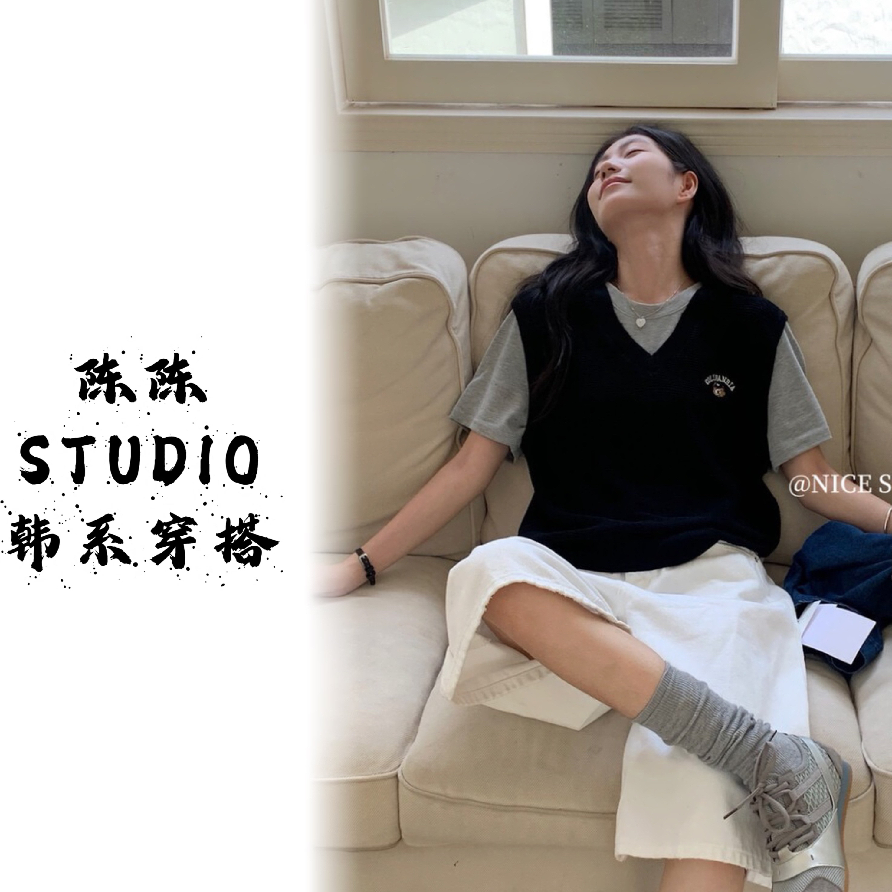 早秋新款韩式设计假两件圆领套头纯色针织衫女时尚百搭上衣