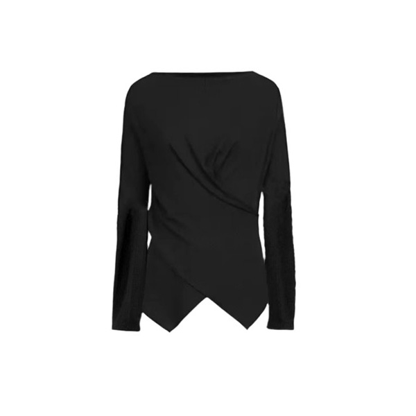 圣迪奥女装罗纹圆领交叉不规则纯色简约长袖T恤S233Z0208