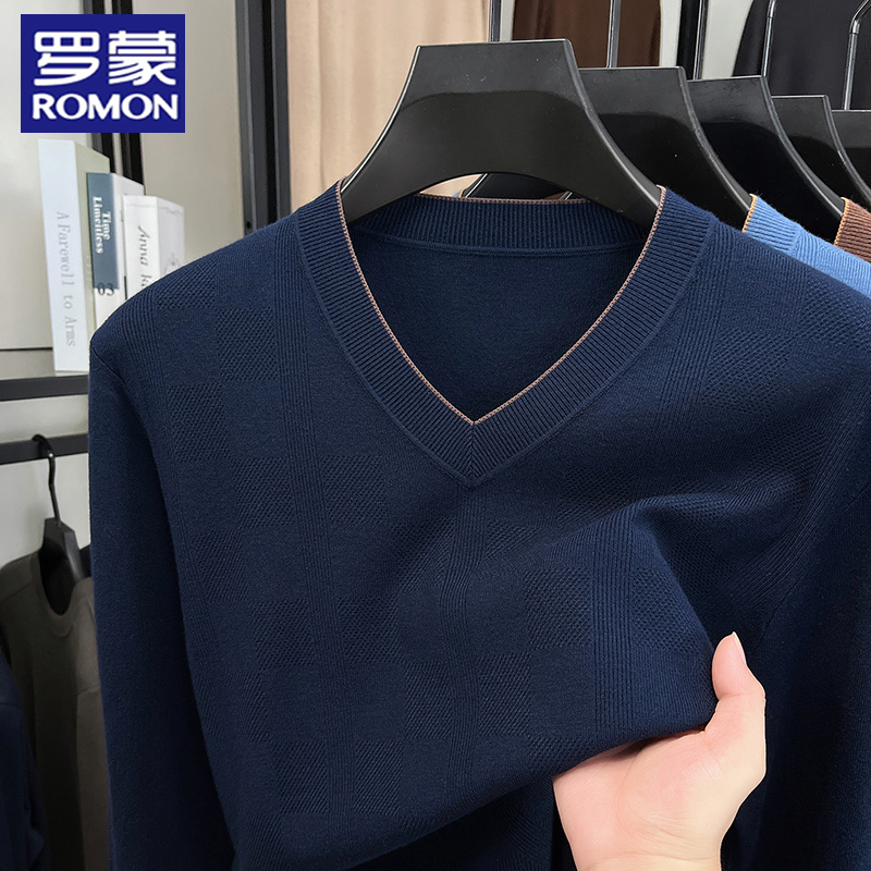 罗蒙秋冬季新款加厚V领保暖毛衣男中年商务休闲纯色含羊毛针织衫