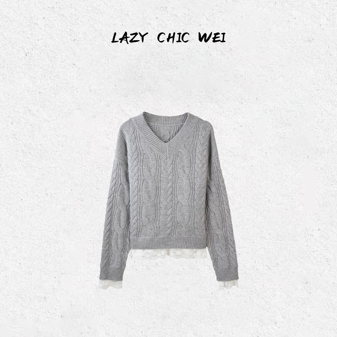 WEI“白色圣诞蕾丝”温柔白色蕾丝边拼接针织衫毛衣2539SSW6078