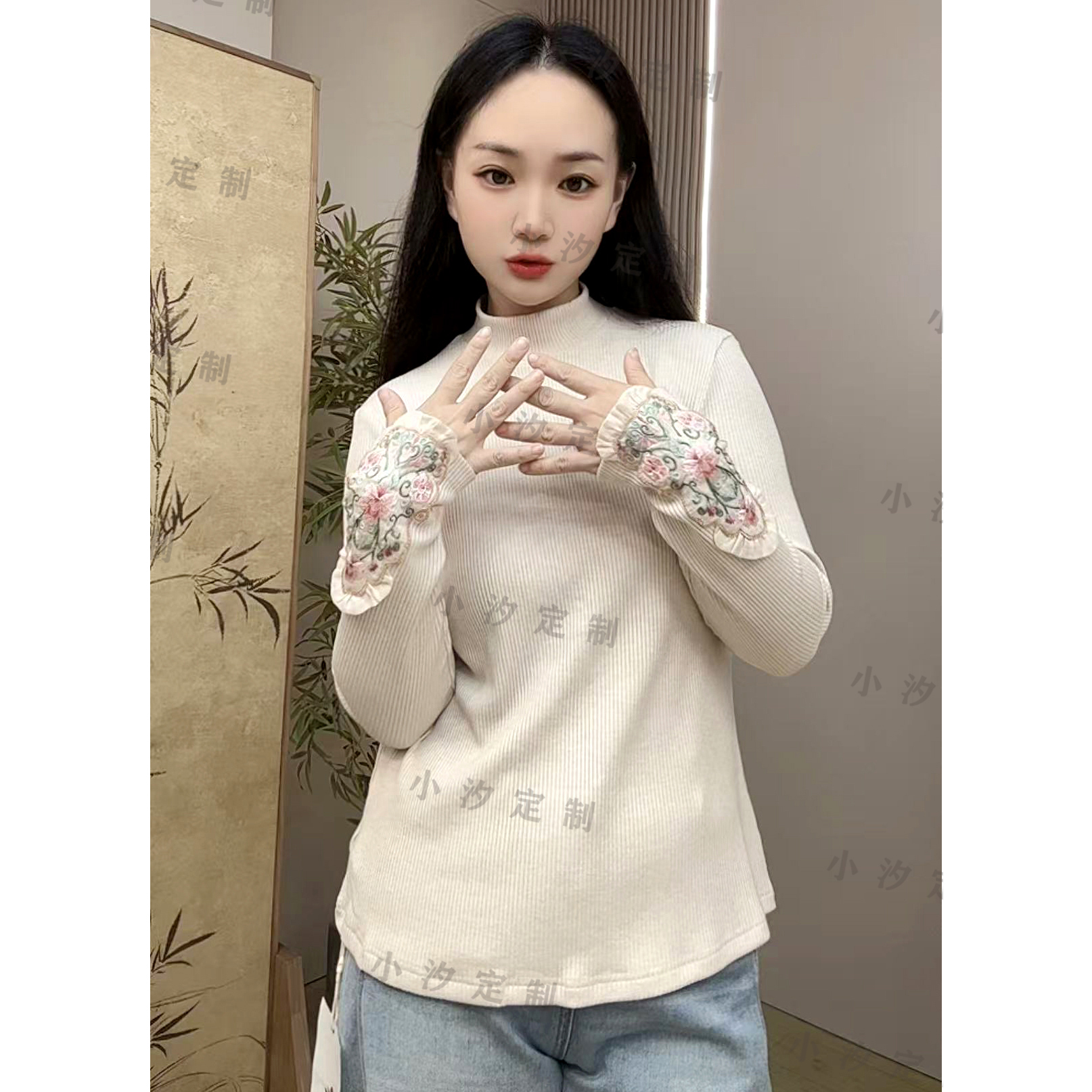 小静家  5137#长袖打底衫复古刺绣毛衣女