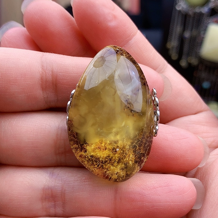 琥珀裸石银S925镶嵌戒指