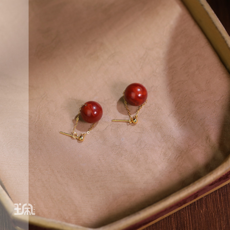 红欢喜|南红玛瑙*耳钉*S925银镀金镶嵌QXA24121720多样性发其一