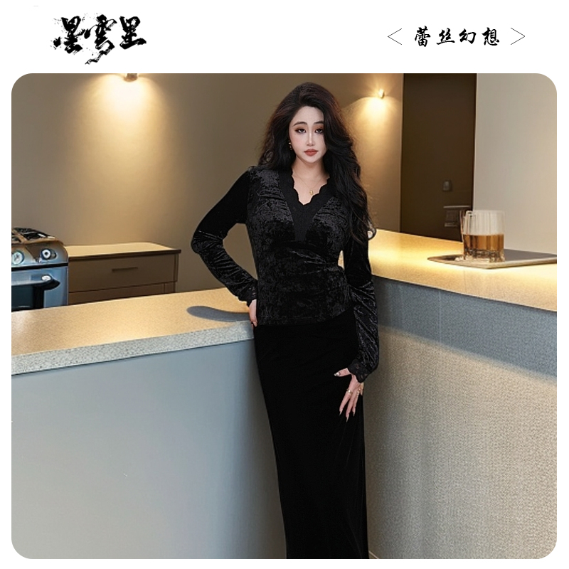 星云里微胖服饰｜蕾丝幻想｜加厚钻石绒拼接双层蕾丝微胖显瘦