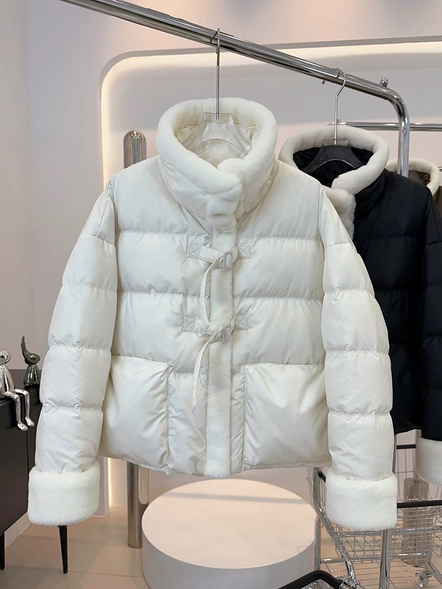 欧货短款羽绒服女2024年新款时尚兔毛拼接立领加厚白鸭绒冬季外套