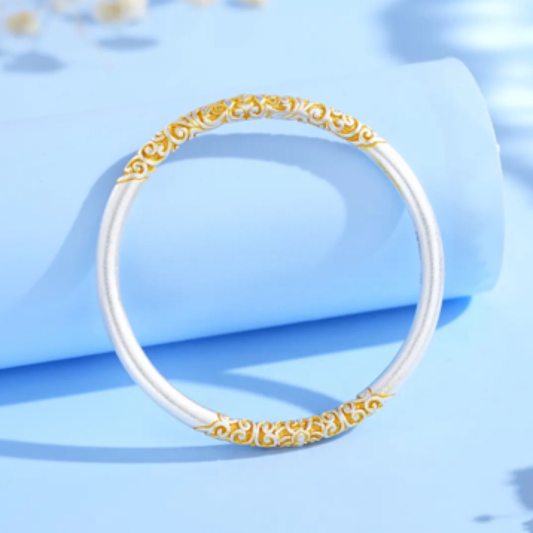 足银手镯 磨砂时尚复古足银卷草纹描金手镯简约实心镯子