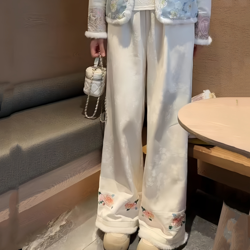 【寒梅】新中式裤子新国风提花休闲裤毛毛绣花缎面加绒女裤