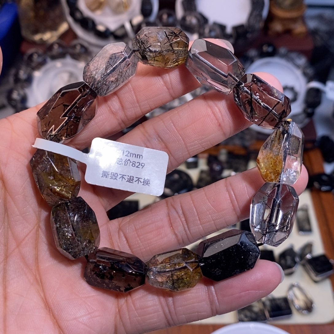 水晶未镶嵌手链黑发晶随型设计款12mm全透体黄胶花共生