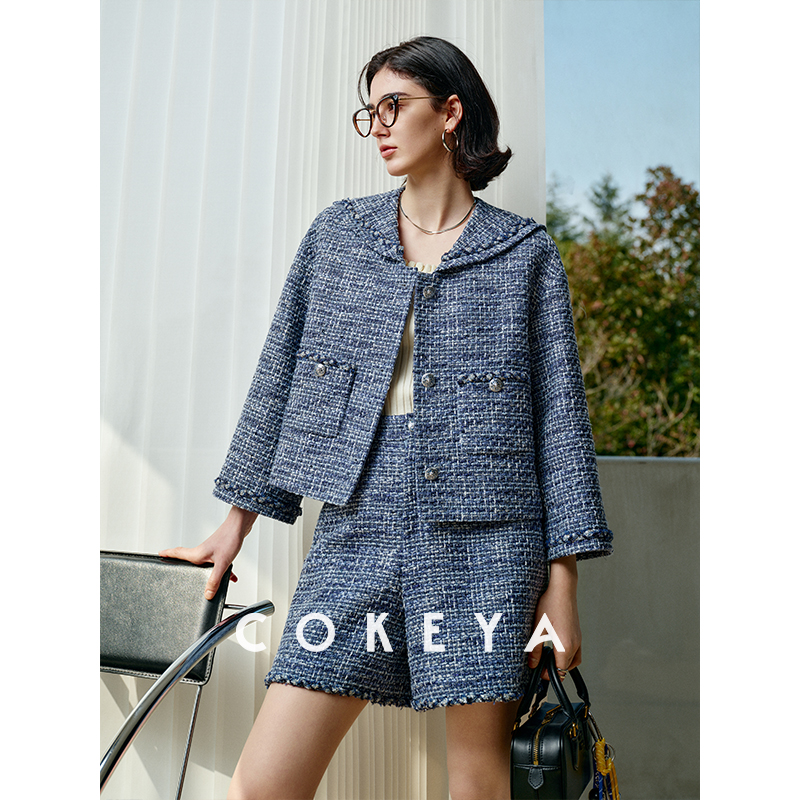 COKEYA/海洋之心~琎口特种渐变粗花呢海军领短裤外套粗花呢套装