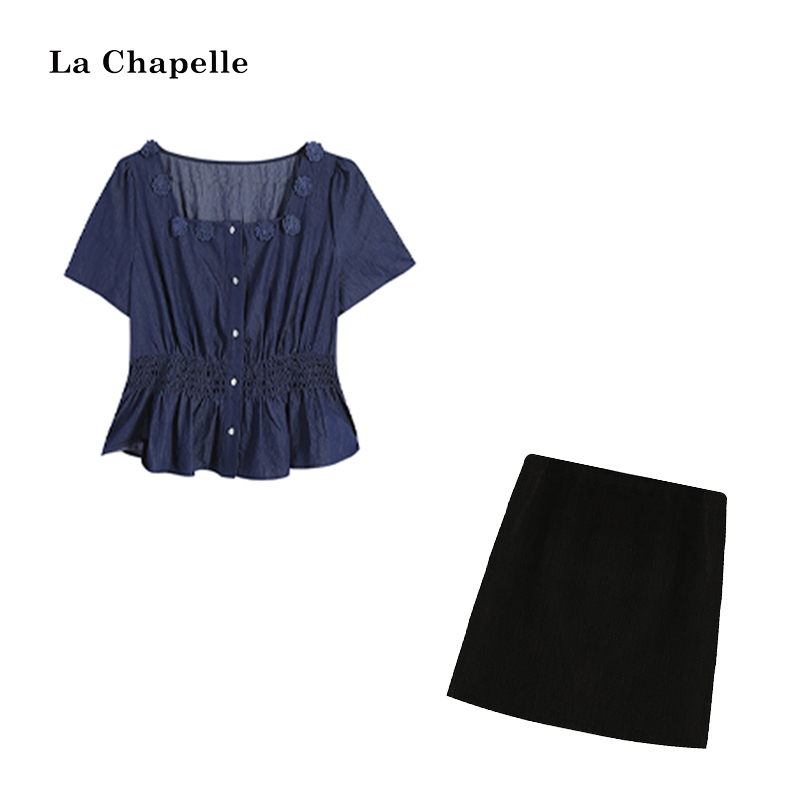 【夏雨晴】设计感立体花藏青上衣+长短裙LA5ZL108420