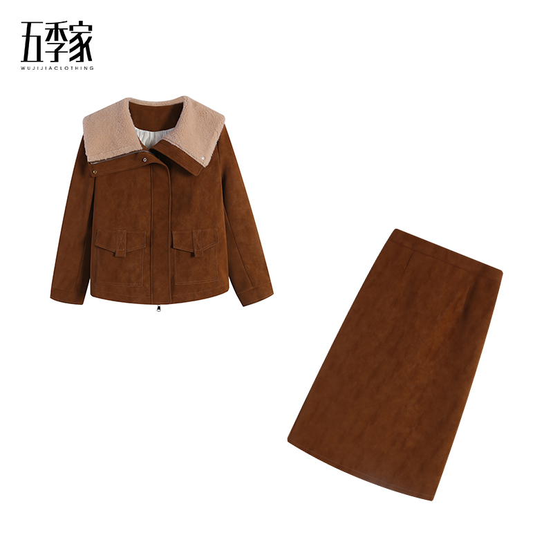 咖拼杏色加棉上衣+咖色长半裙ZL113720