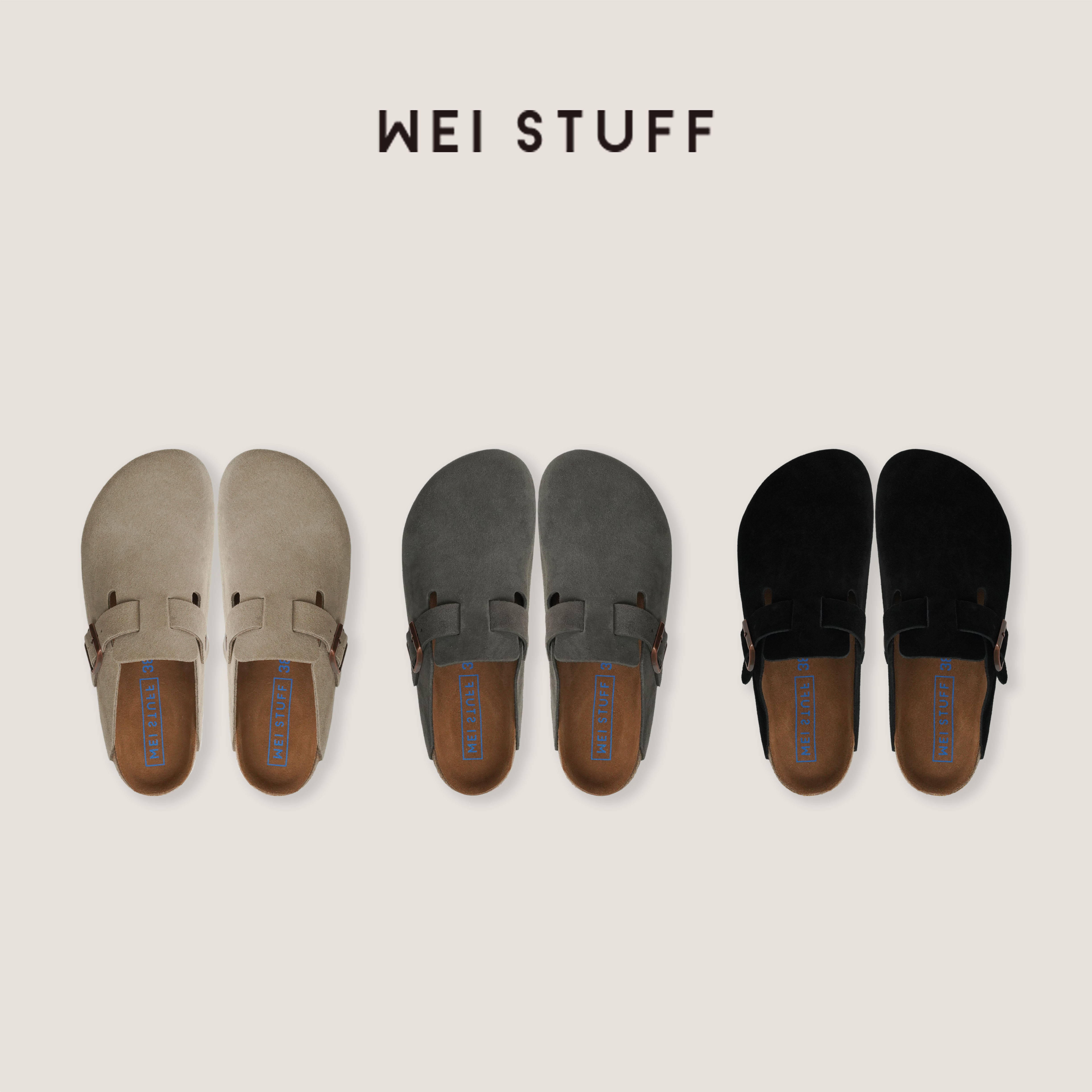 WEI STUFF  “极简松弛” 牛反绒软木底勃肯包头拖鞋 10387. 