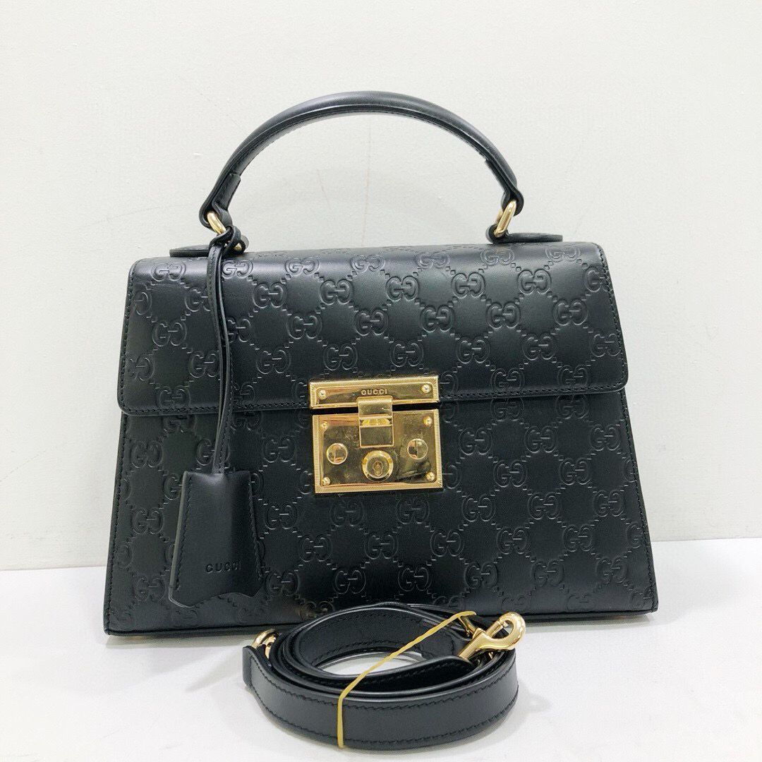 95新 GUCCI/古驰 古驰padlock全皮黑金双G压花纹单肩斜挎包
