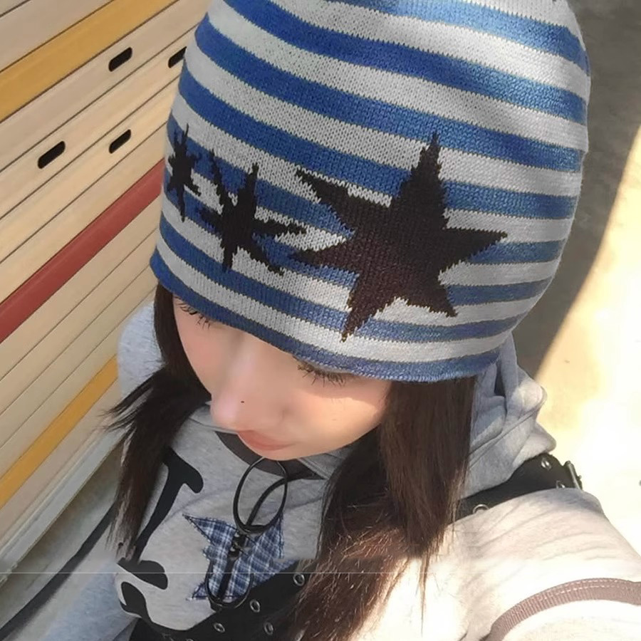 韩国ins博主款星星条纹针织帽女大头围氛围感y2k包头冷帽毛线帽男