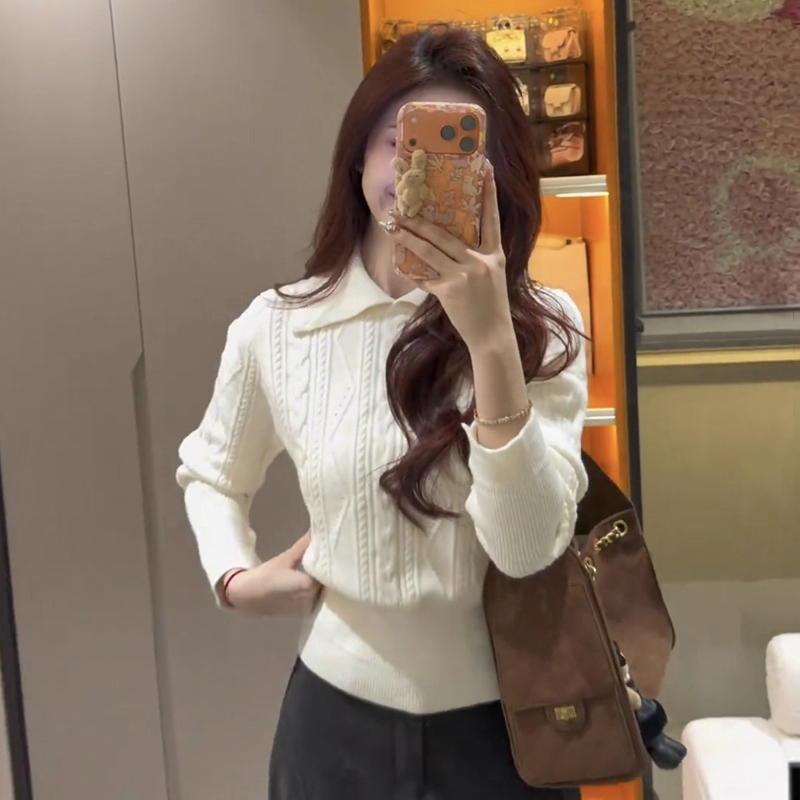 韩系减岭翻领麻花毛针织衫女2025冬季新款高级感收腰短款钮扣上衣