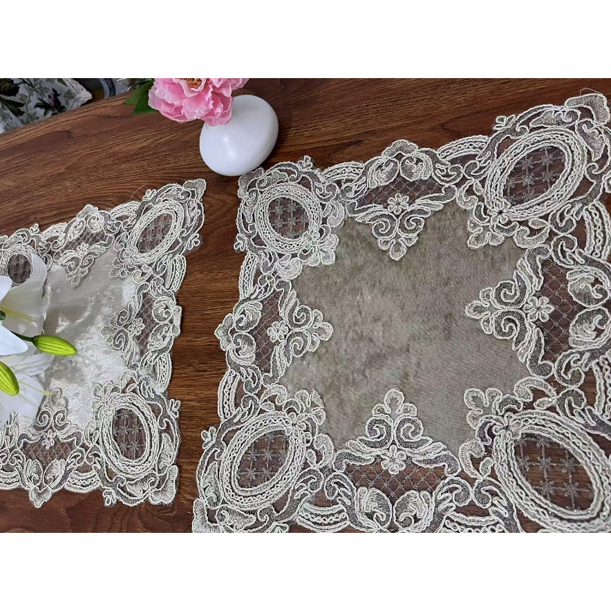 ZN051-266意大利绒【37*37/对】中式咖色意大利绒绳绣桌布茶几布多