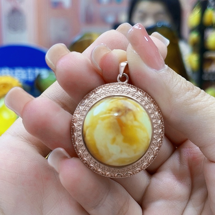 蜜蜡银S925镶嵌裸石吊坠