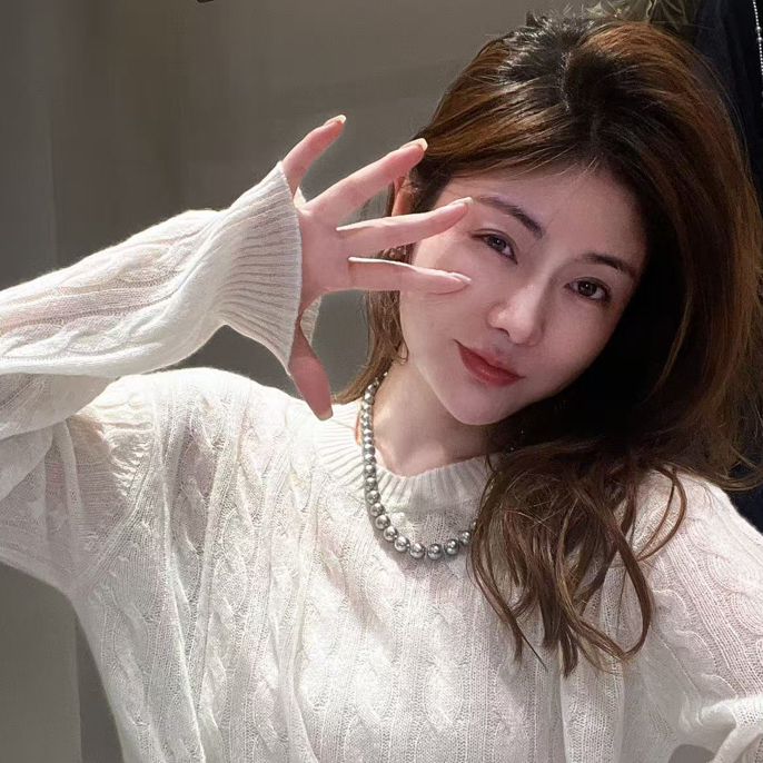 亮丝女绞花合体纯色圆领宽松毛衣开衫设计感网红百搭