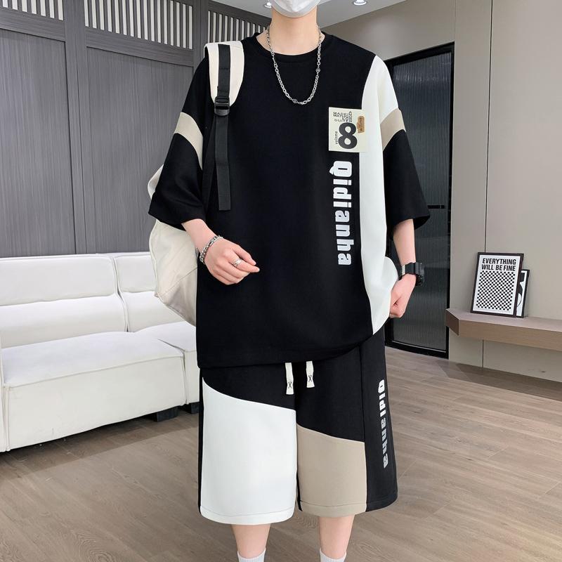 现货拼接休闲运动套装男潮流短袖短裤青少年港风帅气夏季套装T恤M