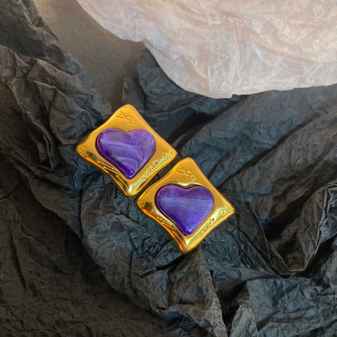 铜合金耳饰 F372紫色爱心金色方块耳钉耳饰
