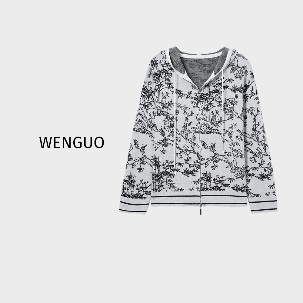 HUIZI【北欧格艺术】女士羊毛衫开衫长袖针织百搭连帽潮流印花时尚