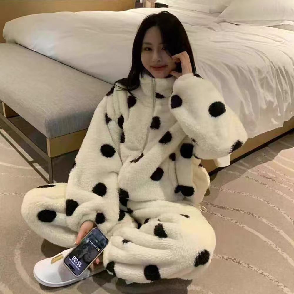 （柚子同款）RR冬季新款波点加厚绒休闲睡衣家居2件套