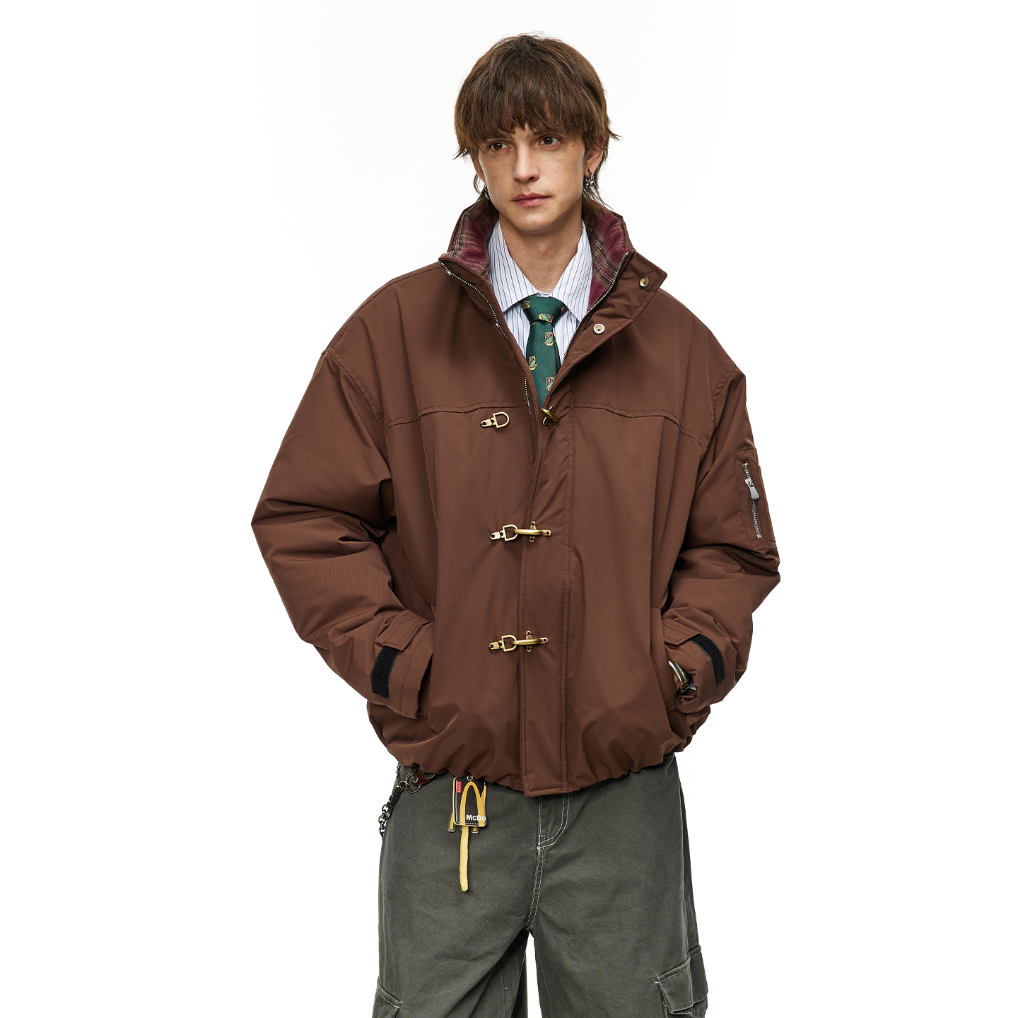 男道美式飞机扣格子立领棉衣男女2025冬季简约保暖加厚情侣外套潮