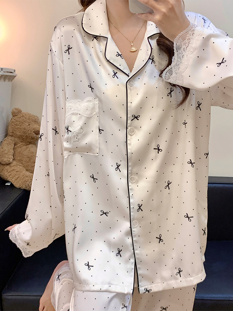 春秋季新款冰丝翻领开衫甜美可爱长袖长裤家居服套装可外穿2025