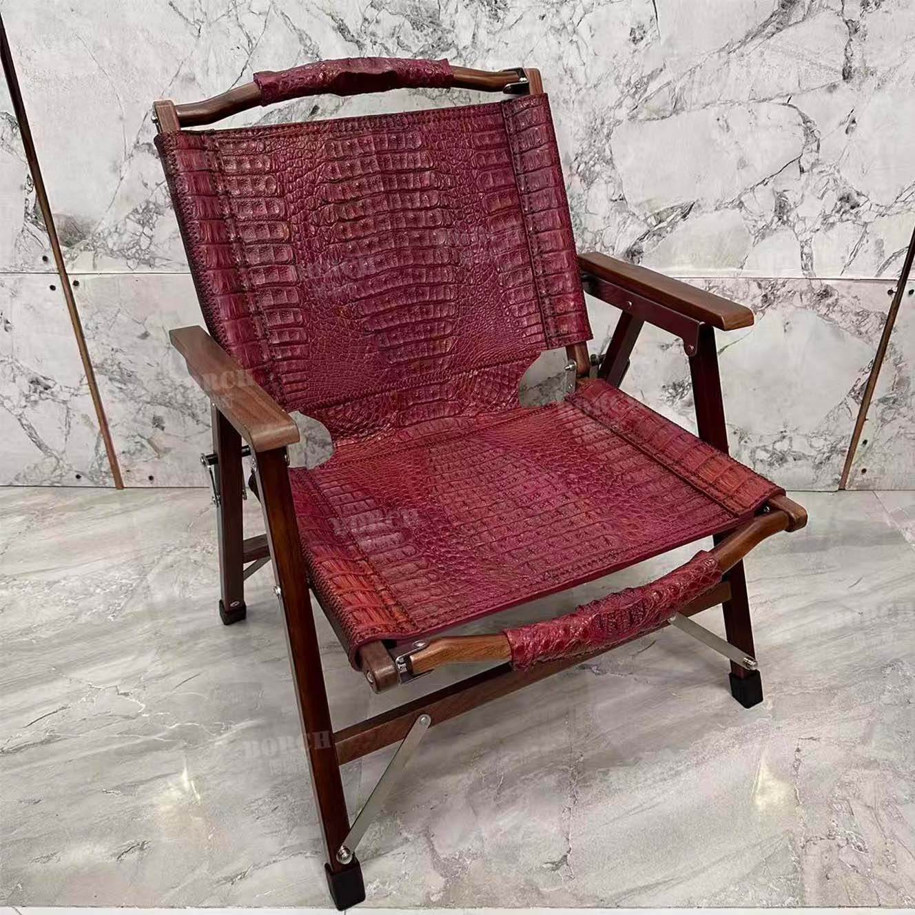 733博瑞奇真鳄鱼皮克米特折叠椅紫色黑胡桃木真皮休闲椅09786