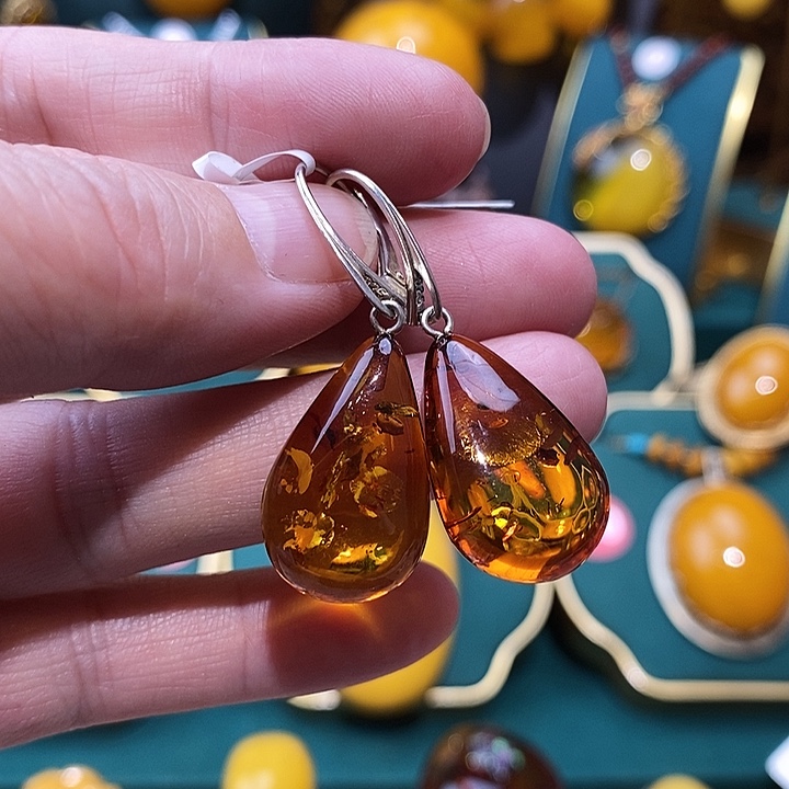 琥珀（花珀）耳饰银S925镶嵌