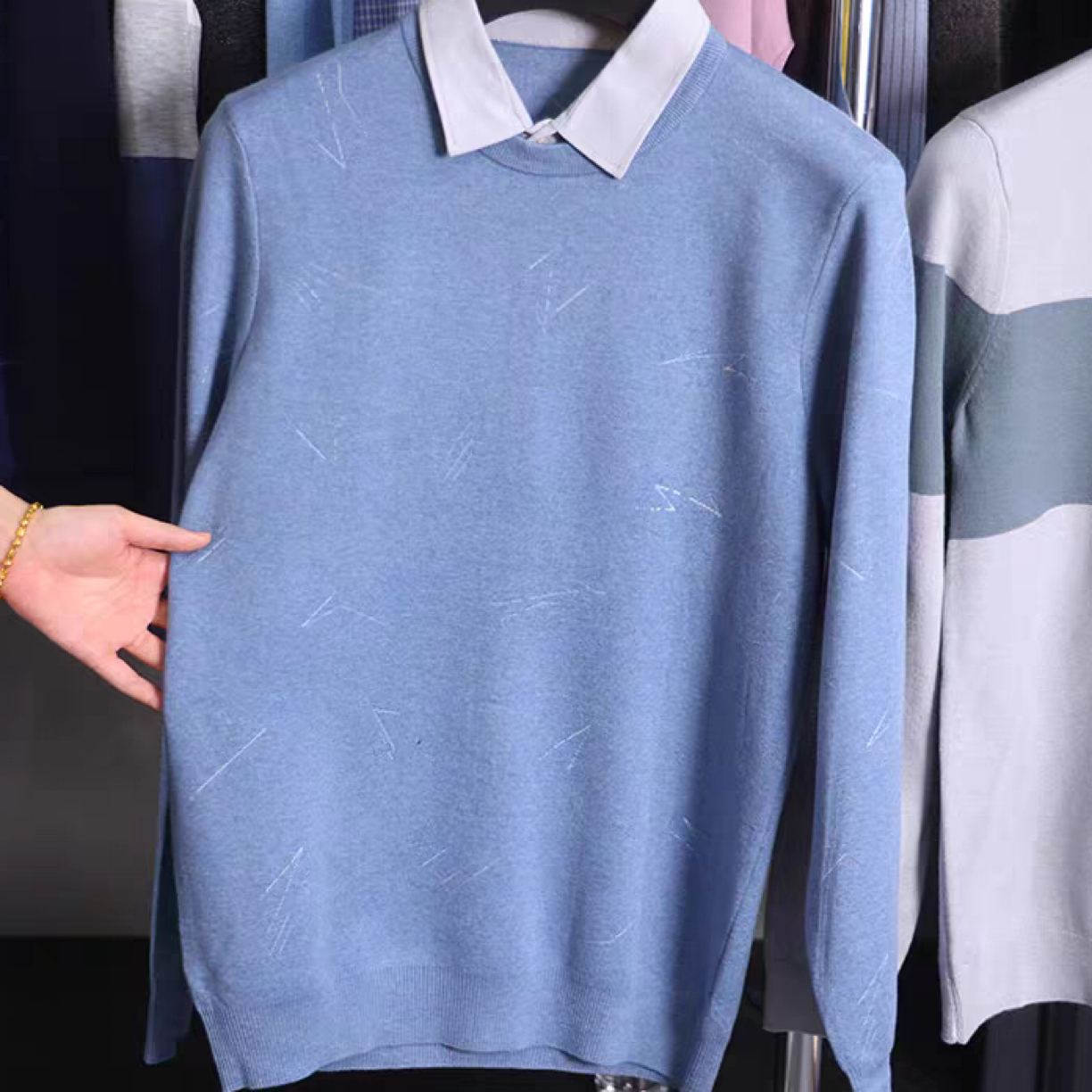 撤柜剪标男士假两件针织衫加绒加厚商务休闲衬衫领保暖毛衣上衣